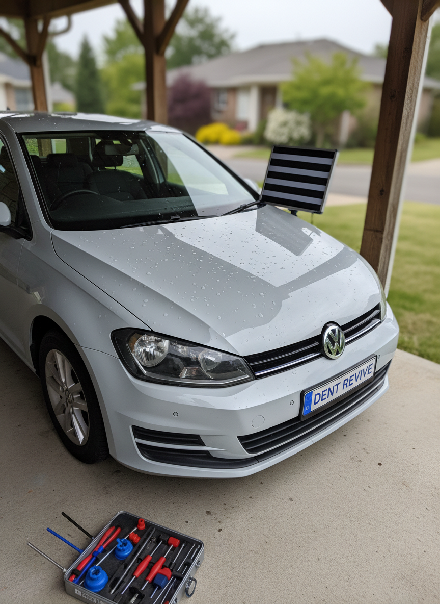 A detailed, photographic scene of a compact hatchback parked under a carport, its roof and hood covered with numerous small, round hail dents at various depths, clearly visible due to the smooth reflections on the light gray paint. A portable PDR light board leans against a post, and a small, branded mobile PDR toolkit sits open on the concrete floor nearby. Soft, bright, overcast daylight evenly illuminates the car, ensuring each dent is clearly visible without harsh glare. Captured from a high, three-quarter front angle to show both roof and hood at once, with sharp focus across the entire vehicle. The mood is urgent yet controlled, visually perfect for a web section about hail damage repair services offered on-site.