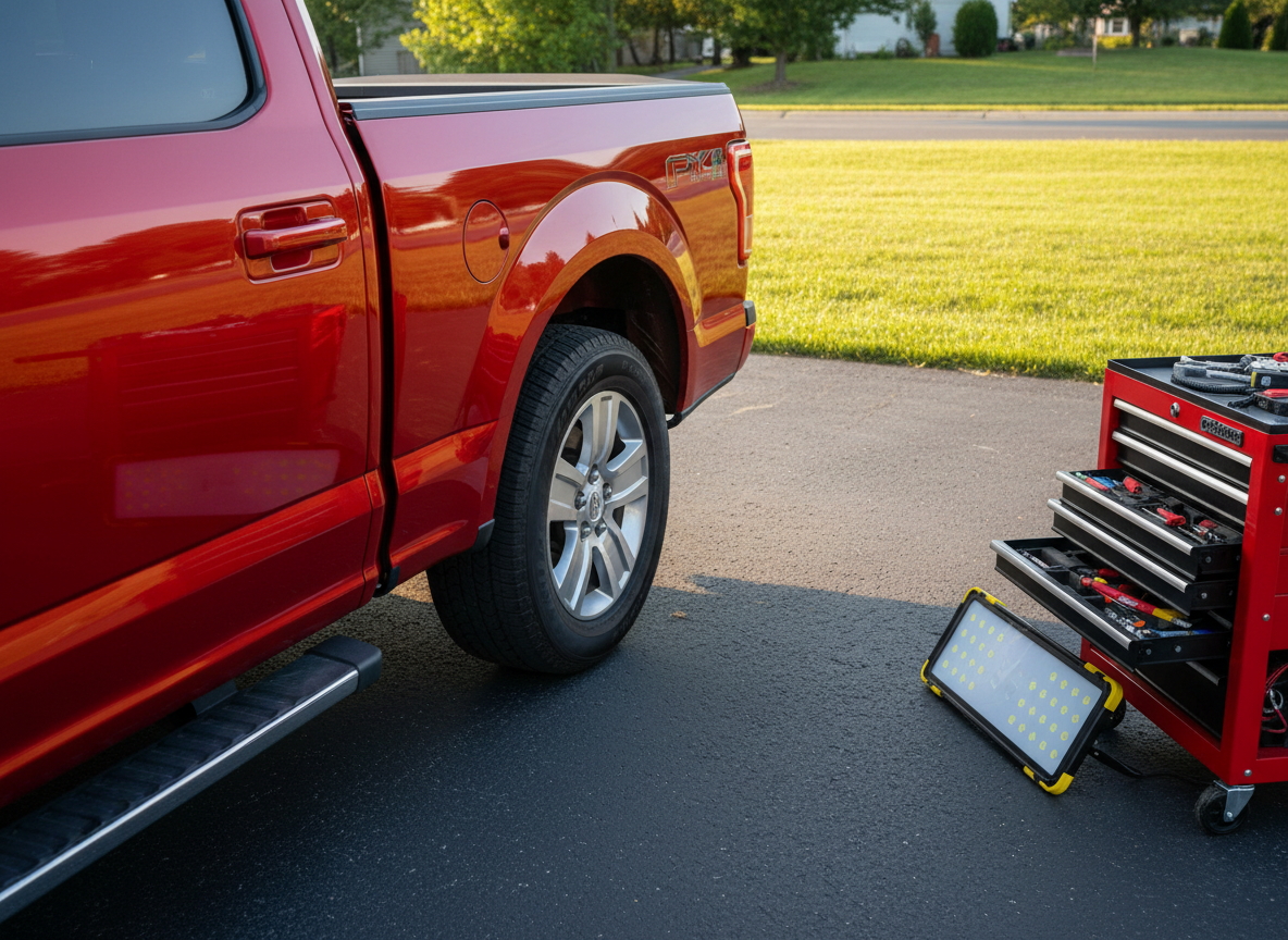 The bed side panel of a metallic red pickup truck showing several small shopping cart dings, parked on an immaculate asphalt driveway beside a neatly trimmed lawn. The scene is shot from a slightly elevated three-quarter rear angle, with the right edge of the frame revealing a compact, well-organized mobile PDR toolbox on wheels and a folded, battery-powered LED PDR light. Warm late afternoon sunlight casts clean, elongated shadows and makes the metallic flake in the paint subtly sparkle. Photographic realism with crisp focus throughout showcases both the damaged area and the professional tools, creating a confident, reliable atmosphere suited for a business homepage hero image for mobile dent repair services.