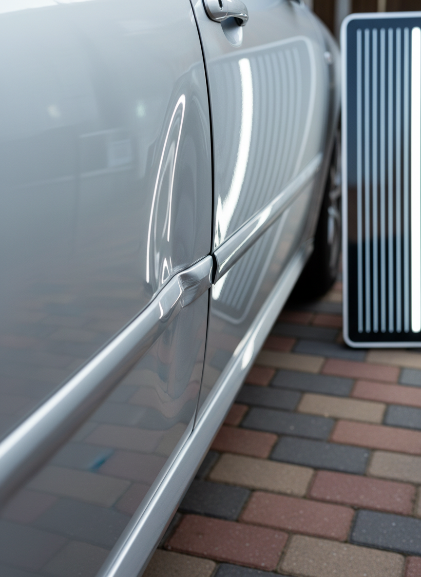 A tight, photographic shot of a metallic silver car door edge and wheel arch showing a complex crease dent that runs along the body line, demonstrating a more challenging PDR scenario. The vehicle is parked on a level brick driveway, with faint geometric patterns of the bricks visible out of focus. A sleek, modern LED PDR line board stands beside the panel, its parallel lines bending intricately over the crease, making the distortion easily readable. Cool, diffused daylight combined with the board’s internal illumination creates subtle highlights and shadows that emphasize surface irregularities. Captured from a low, side-on angle with shallow depth of field, the mood is meticulous and specialized, ideal for illustrating advanced paintless dent repair capabilities for tougher damage.