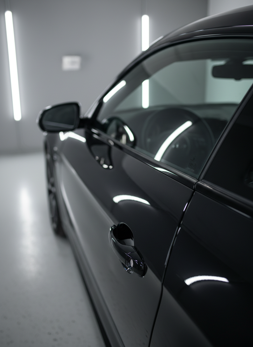 A high-gloss black coupe door panel shown in extreme close-up, reflecting a perfectly straight fluorescent strip light that runs diagonally across the frame, demonstrating a flawless, dent-free finish after precision PDR. The location is an indoor, tidy garage bay with smooth epoxy flooring and neutral gray walls, barely visible as a soft blur in the background. Controlled, cool-white LED lighting from above and the side creates crisp reflections and defined edges without glare. The photographic realism focuses on the immaculate surface and the clarity of the light reflection, with a very shallow depth of field that renders the surrounding environment abstract. The mood is highly technical, precise, and premium, ideal for highlighting the quality standards of an expert mobile dent repair service.