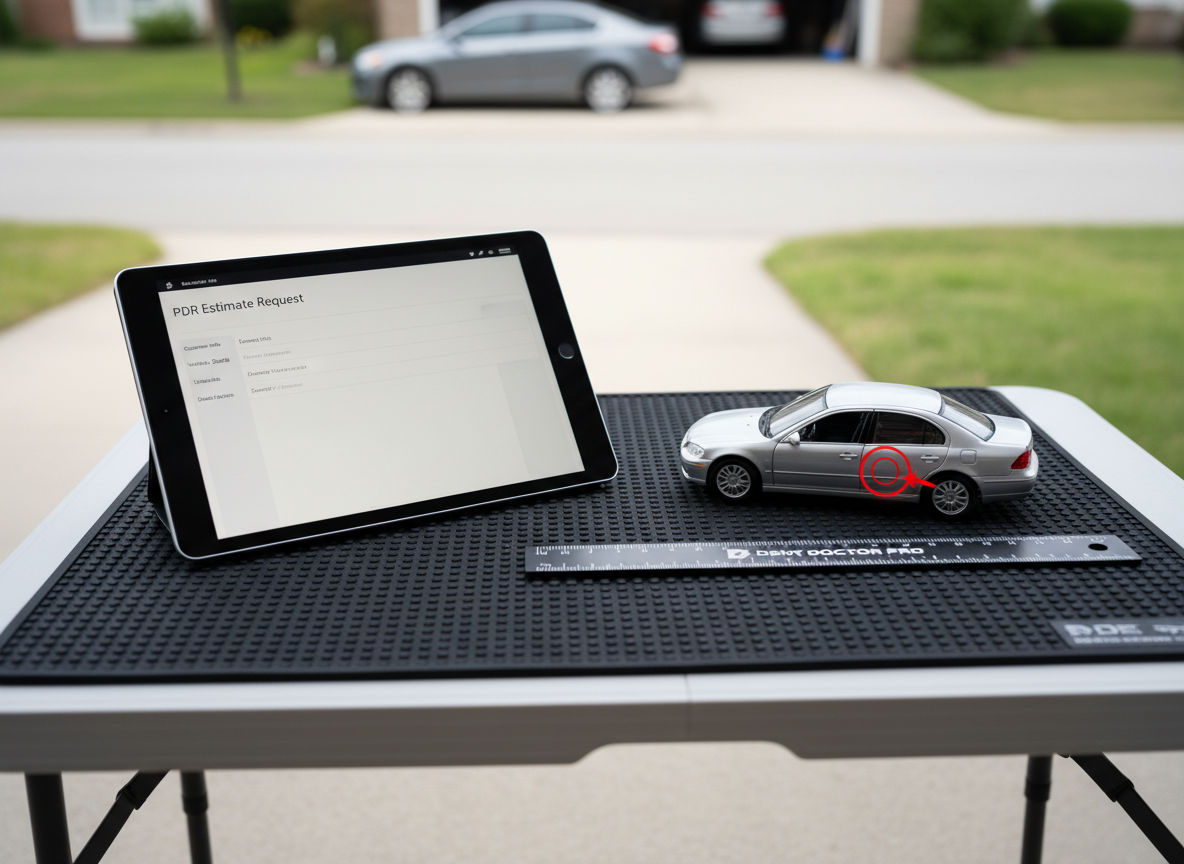 A detailed, photographic overhead shot of a minimalist work surface used for mobile PDR estimates: a clean dark rubber mat on a portable folding table, with a modern tablet displaying a blank quote form, a branded magnetic PDR ruler aligned beside it, and a small model car with a highlighted dent area for demonstration. The background hints at an open residential driveway with a blurred out-of-focus sedan. Soft, diffused daylight from an overcast sky gently illuminates the scene without harsh reflections, creating a neutral, professional mood. The composition uses the rule of thirds, with the tablet as the focal point, and shallow depth of field separating the workspace from the background, ideal for a “Request a Quote” or “How Mobile PDR Works” section on a business website.