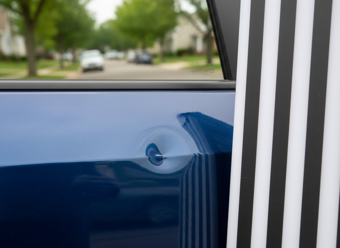 A close-up, hyper-detailed view of a deep blue car door panel with a small but sharp hail dent in the center, set against a blurred backdrop of a quiet residential street. A professional PDR light reflection board with bold striped patterns is positioned beside the panel, its distorted reflection clearly bending around the dent to reveal surface imperfections. Soft overcast daylight provides even, diffused illumination over the glossy paint, creating minimal harsh reflections. Photographic realism with a shallow depth of field keeps the focus on the dent and reflection pattern, while the background fades into gentle bokeh of parked vehicles and greenery. The mood is technical and precise, conveying expertise and diagnostic accuracy in mobile paintless dent repair.