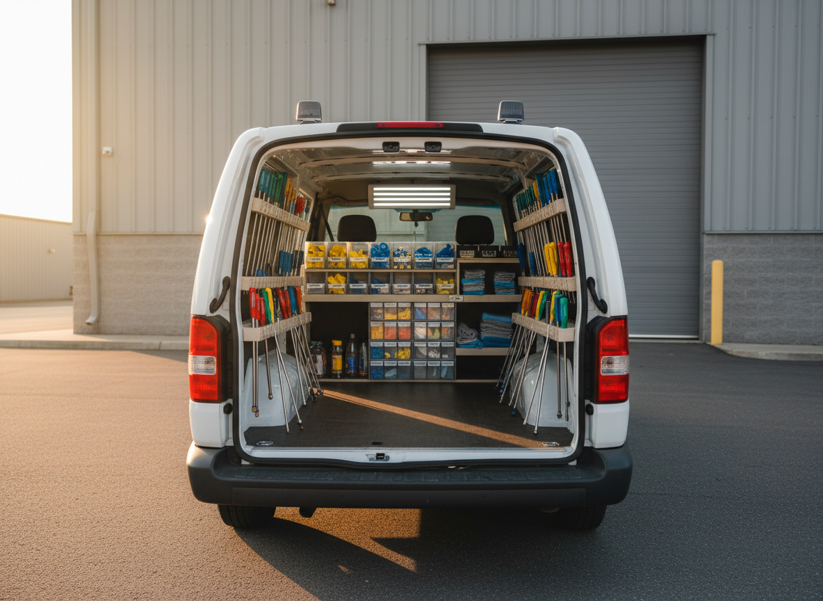 An organized, open tailgate of a white service van converted for mobile PDR, filled with neatly arranged dent repair tools: long polished metal rods with colored handles, glue pull tabs sorted in trays, a compact LED PDR light, and microfiber towels stacked in precise rows. The van is parked on a level paved driveway in front of a neutral industrial building exterior with simple gray walls and a roll-up door in the background. Soft golden hour sunlight streams from the left, illuminating the tools with warm highlights and casting gentle, directional shadows that emphasize metallic textures. Photographic realism, captured from an eye-level straight-on angle, with a balanced composition that keeps everything sharp. The mood is highly professional and trustworthy, communicating readiness for on-site mobile dent repair.