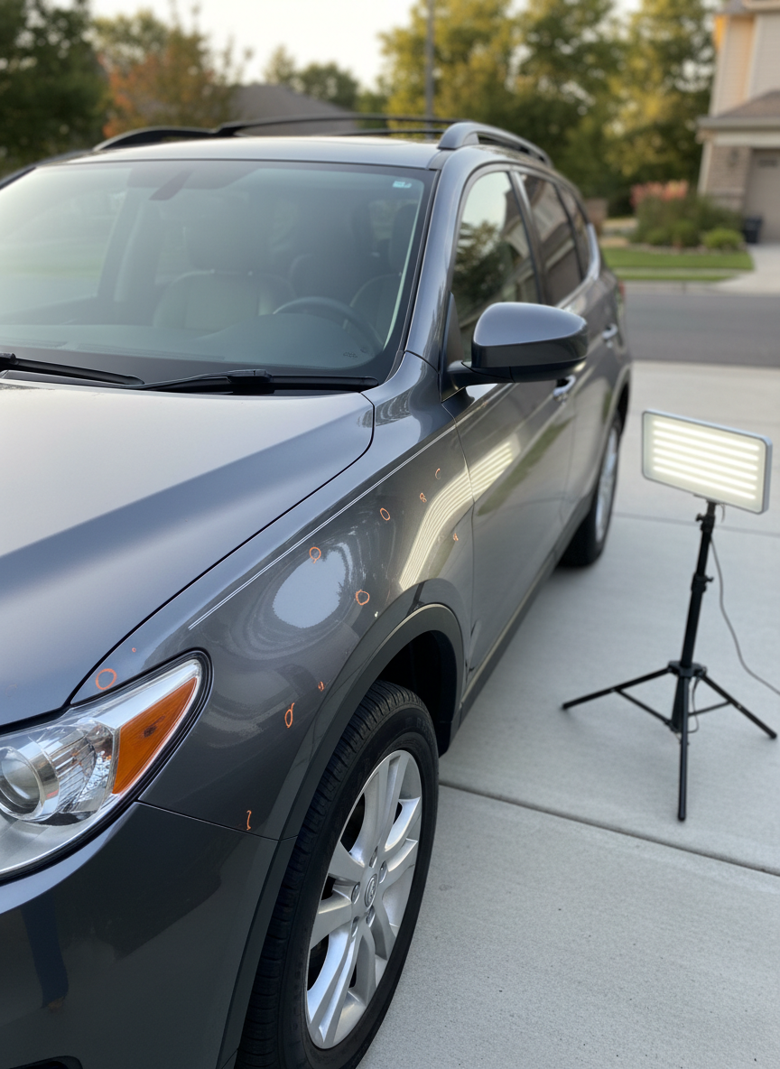 A mid-range SUV in metallic charcoal gray parked diagonally in a clean residential driveway, with only the front fender and door area visible. The panel displays a series of small dents half-filled in with wax pencil circles, visually marking the targeted repair spots, while the adjacent section has been restored and appears perfectly smooth. A portable LED PDR light on a wheeled stand is positioned near the vehicle, its bright panel illuminating the surface and casting soft, elongated reflections. Late afternoon natural light blends with the cool LED glow, resulting in balanced, photographic realism. Shot from a slightly low side angle with moderate depth of field, the scene conveys an in-progress mobile PDR job, emphasizing thoroughness, assessment, and on-location service.